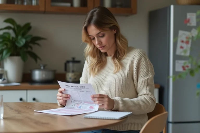 Femme enceinte lit un graphique d'hCG dans la cuisine