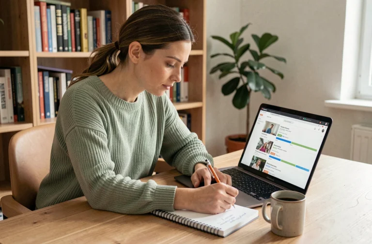 Femme suivant une formation en ligne sur son ordinateur portable dans un bureau à domicile, prenant des notes dans un cahier