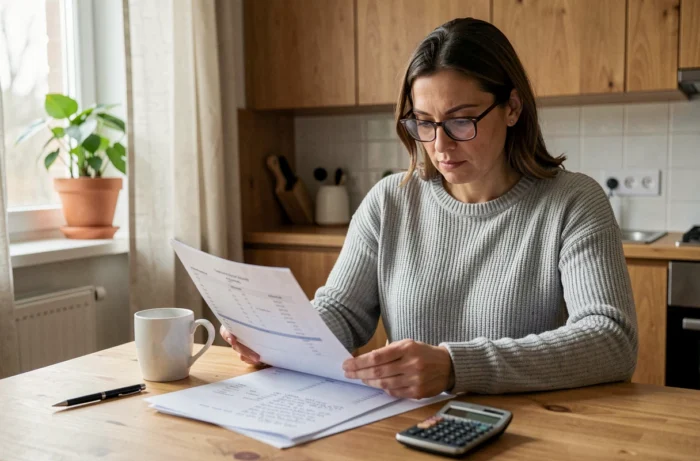 Femme consultant son budget personnel sur des feuilles de calcul à une table en bois dans une cuisine moderne