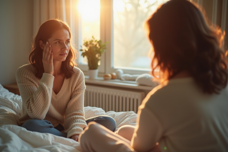 Femme inquiète se regardant dans le miroir au matin