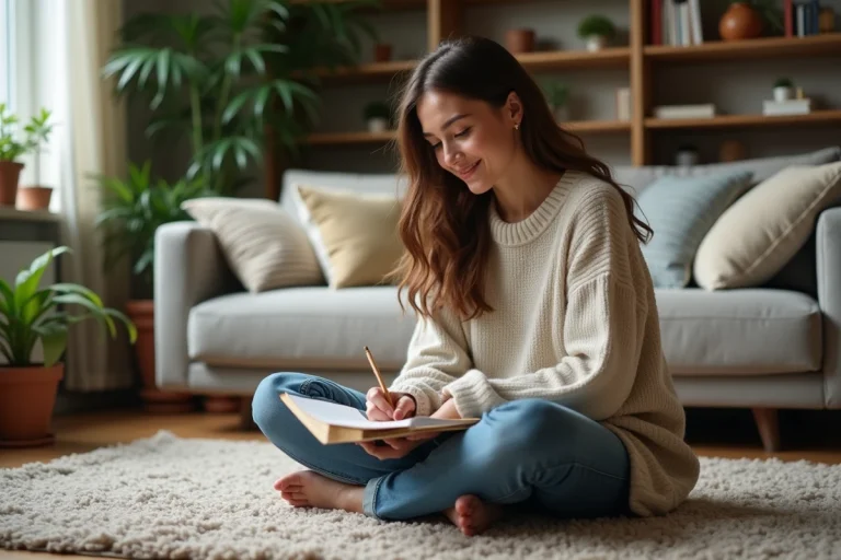 Jeune femme en journal intime dans un salon cosy