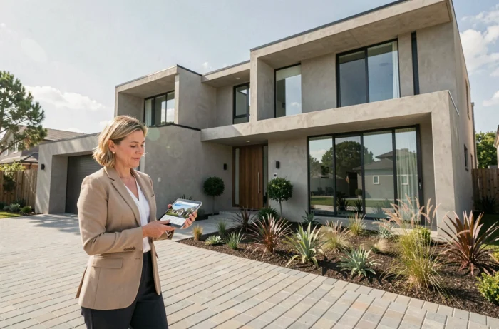 Femme devant une maison neuve contemporaine consultant des annonces immobilières sur tablette