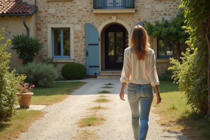 Femme marchant près du mas méditerranéen en extérieur