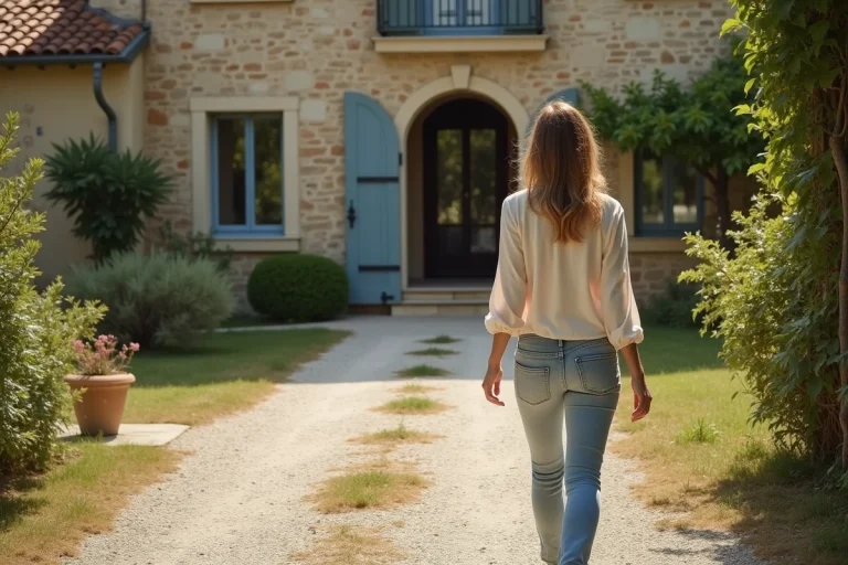 Femme marchant près du mas méditerranéen en extérieur