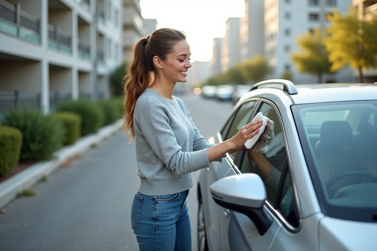 Femme souriante nettoyant le miroir extérieur de sa voiture
