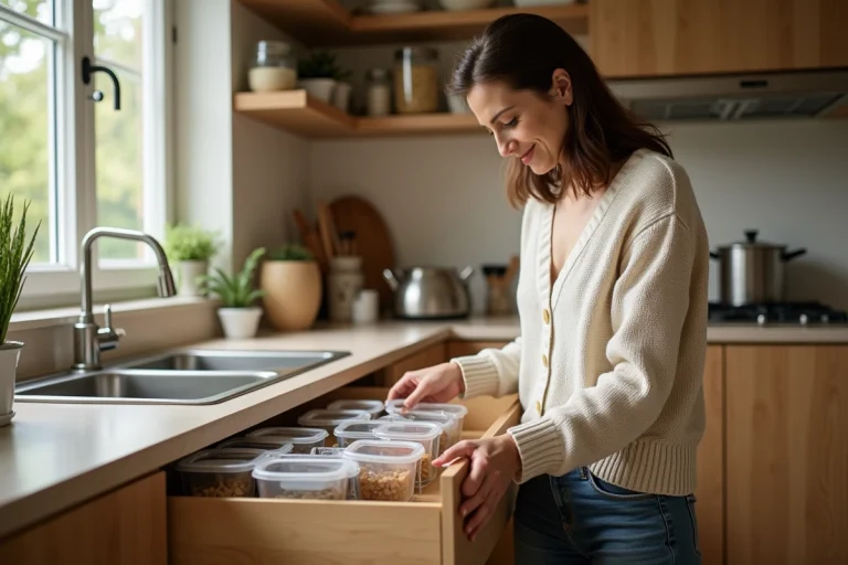 Femme organisée dans sa cuisine lumineuse et chaleureuse