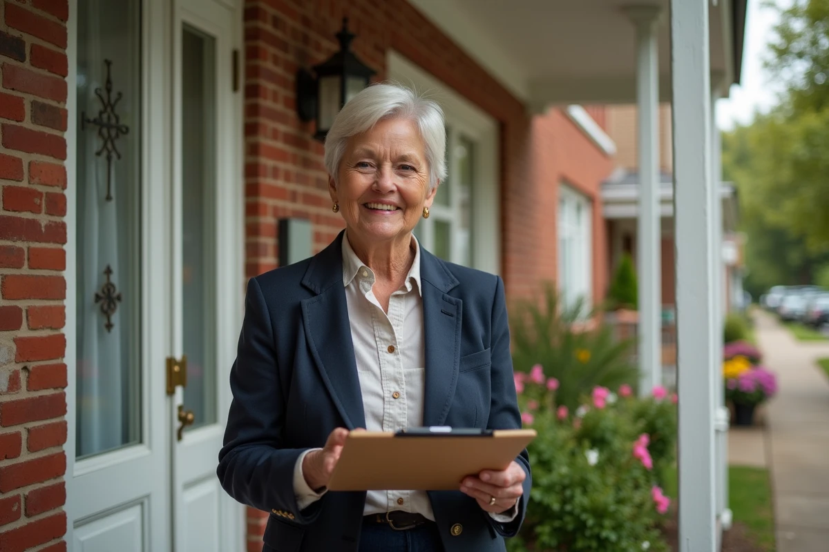 Femme mature devant une maison en briques avec jardin fleuri