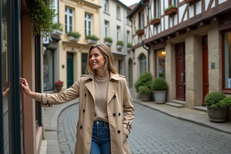 Femme souriante admire maison bretonne à Quimper