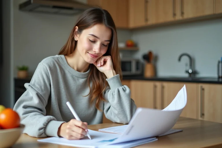 Jeune femme pensant à un projet dans sa cuisine moderne