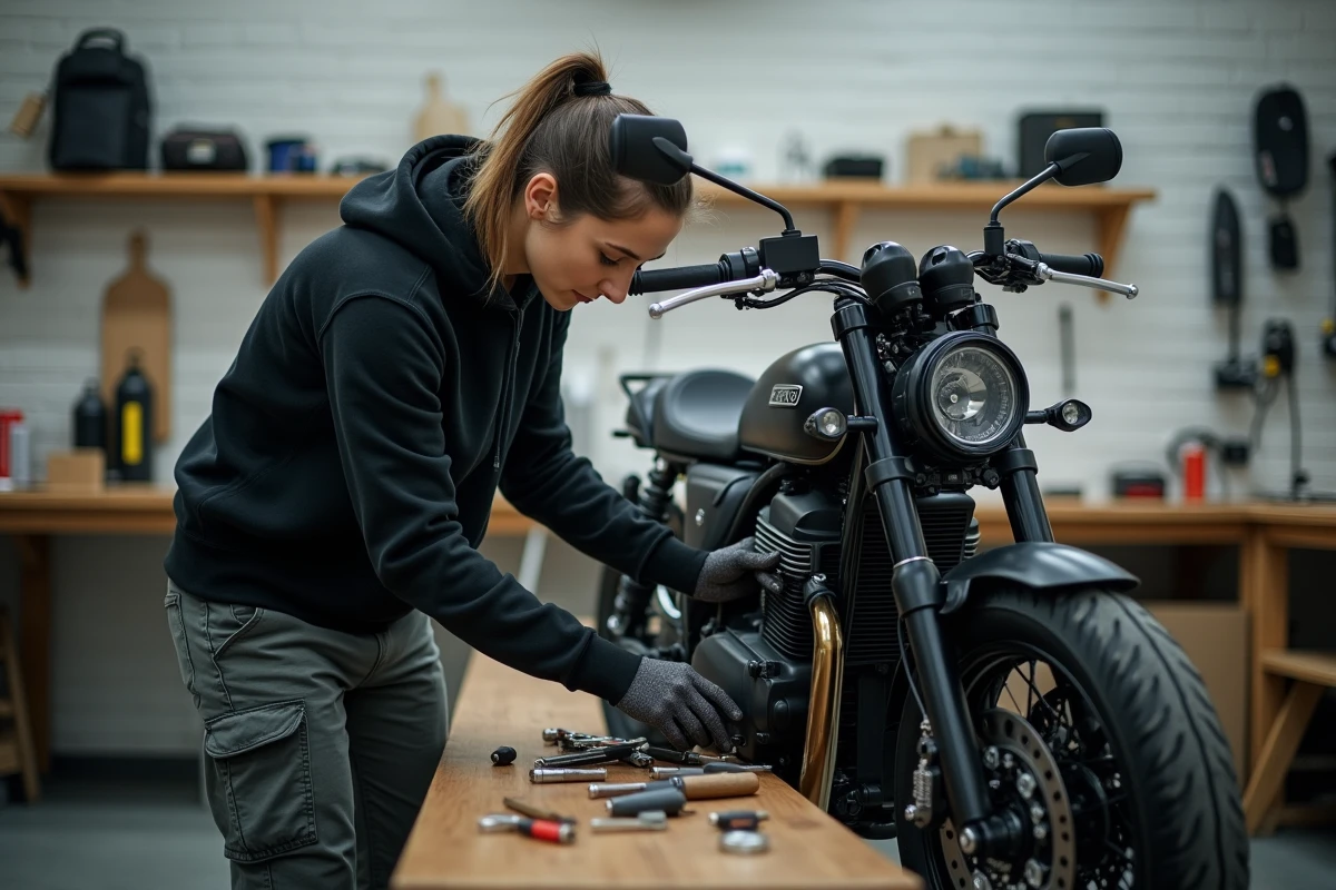 Femme dans un garage réajustant une moto électrique Super Soco