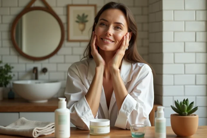 Femme appliquant une crème hydratante dans une salle de bain cosy lors d'une routine soin de peau quotidienne