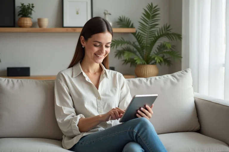 Femme souriante utilisant une tablette dans un salon scandinave