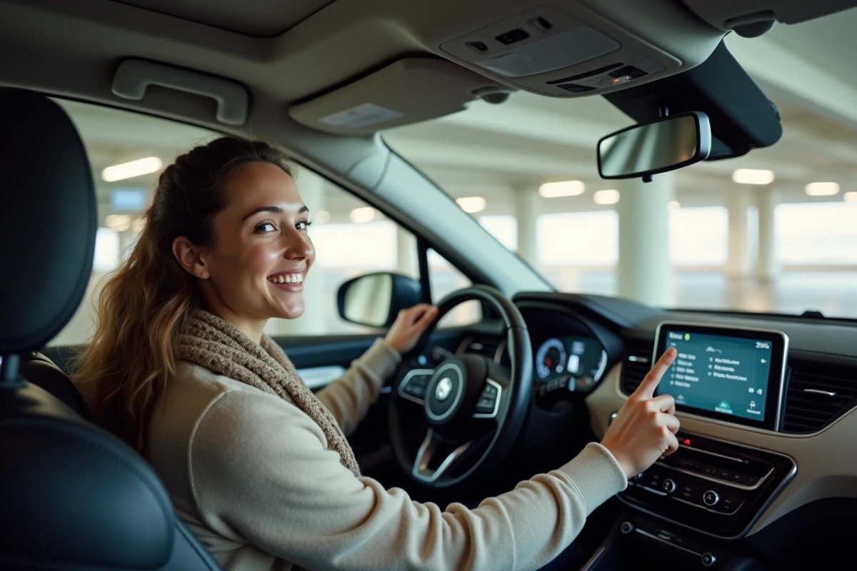 Jeune femme souriante utilise l’écran du SUV en intérieur