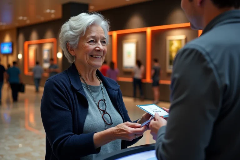Une femme senior souriante présente sa carte de réduction cinéma à la caisse d'un multiplexe moderne
