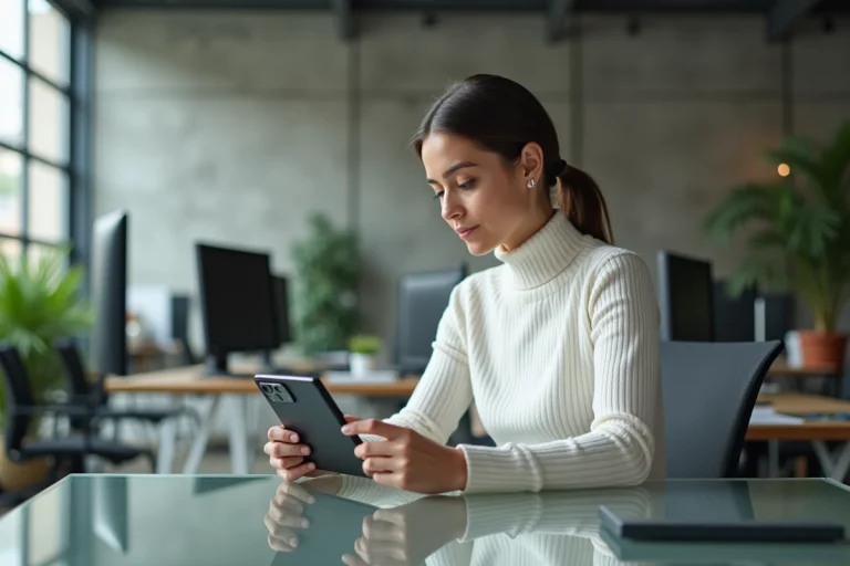Femme professionnelle explorant un smartphone pliable dans un bureau tech moderne en 2024