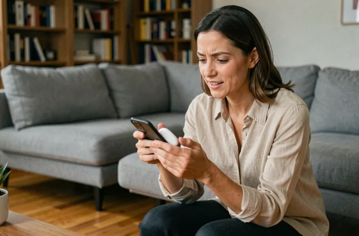 Femme utilisant un tracker Bluetooth Rabbit Finder pour retrouver un objet perdu dans son salon