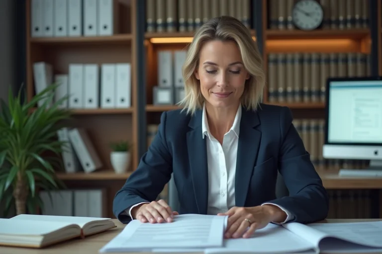 Femme fonctionnaire en bureau moderne avec documents