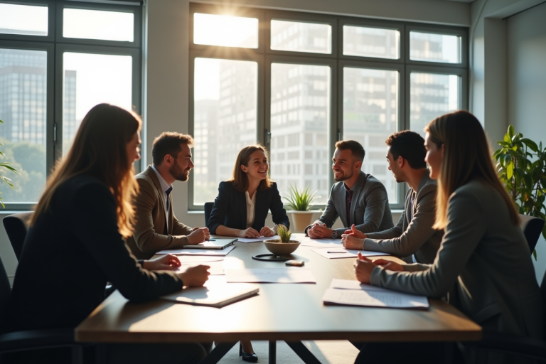 Groupe de professionnels en brainstorming dans un bureau lumineux