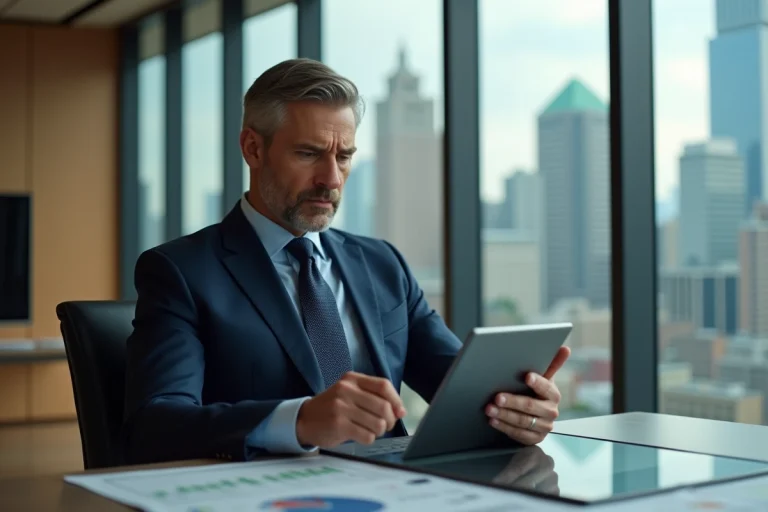 Homme d'affaires en costume navy dans un bureau moderne