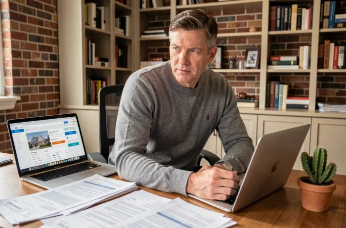 Homme analysant des documents de prêt immobilier et comparant des prix sur ordinateur à domicile