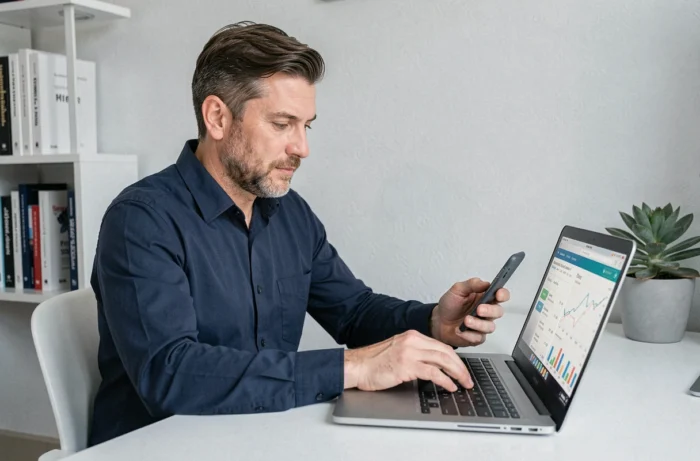 Homme utilisant une application de finances personnelles sur smartphone et ordinateur portable dans un bureau à domicile