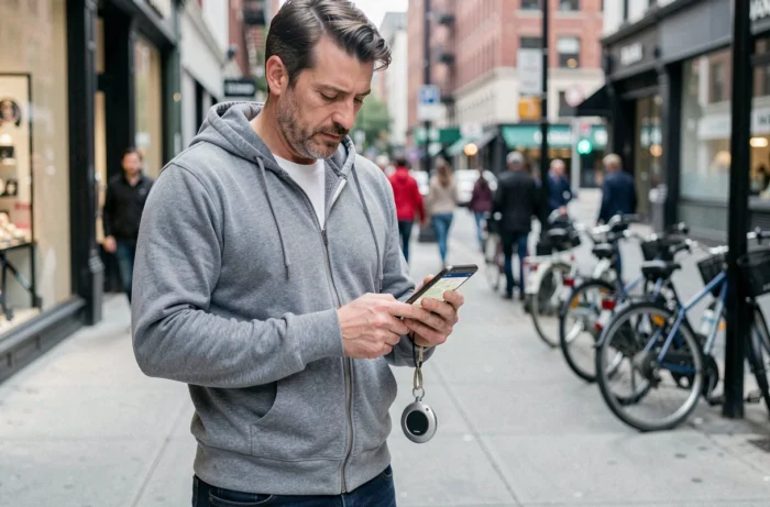 Homme utilisant une application de suivi d'objets Rabbit Finder en milieu urbain avec ses clés