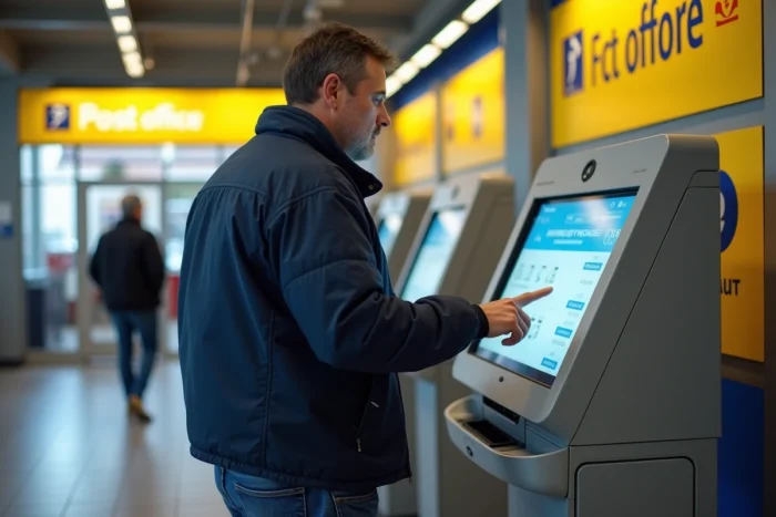 Homme utilisant une borne libre-service dans un bureau de La Banque Postale pour modifier son plafond de paiement