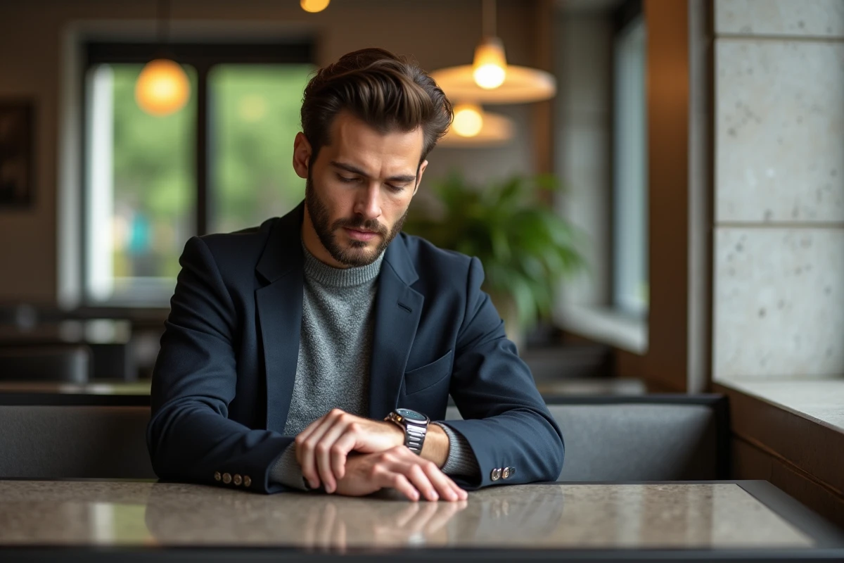 Homme élégant en costume au café intérieur moderne