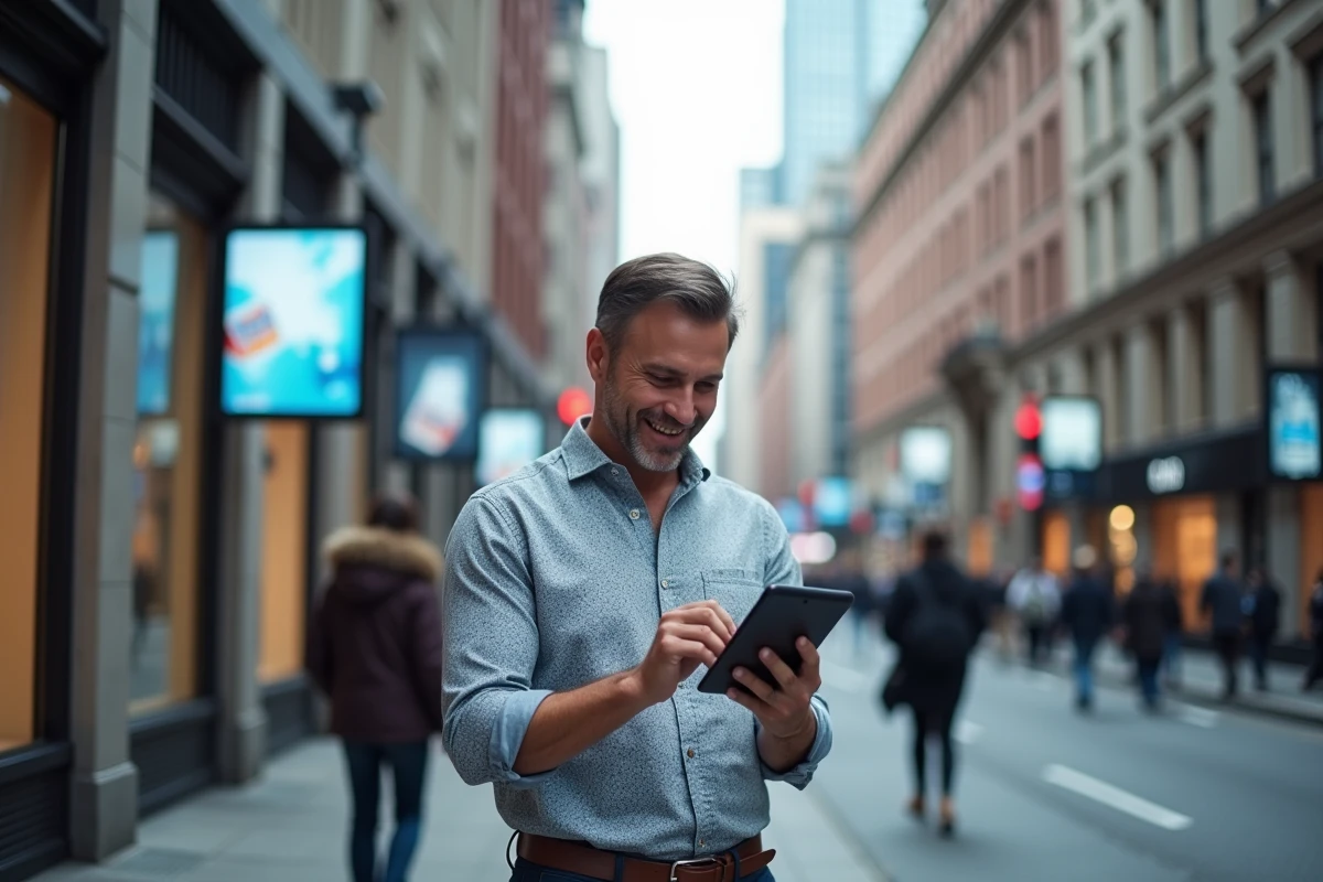 Homme d affaires sur le trottoir de la ville en train de scroller sa tablette