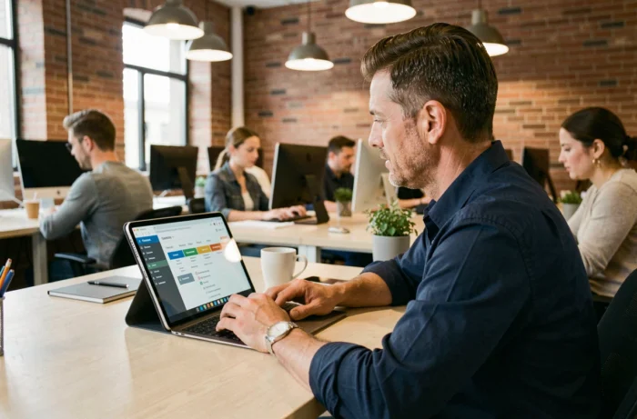 Homme adulte consultant un cours en ligne structuré sur une tablette dans un espace de coworking moderne