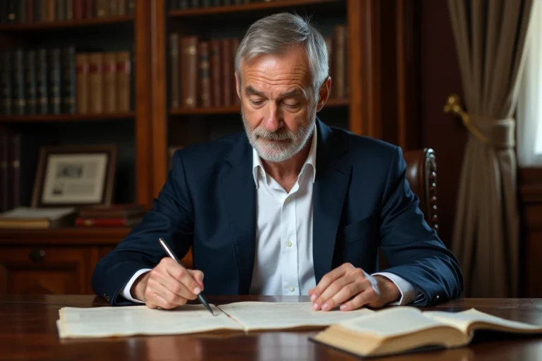 Homme d age en costume lisant des documents anciens