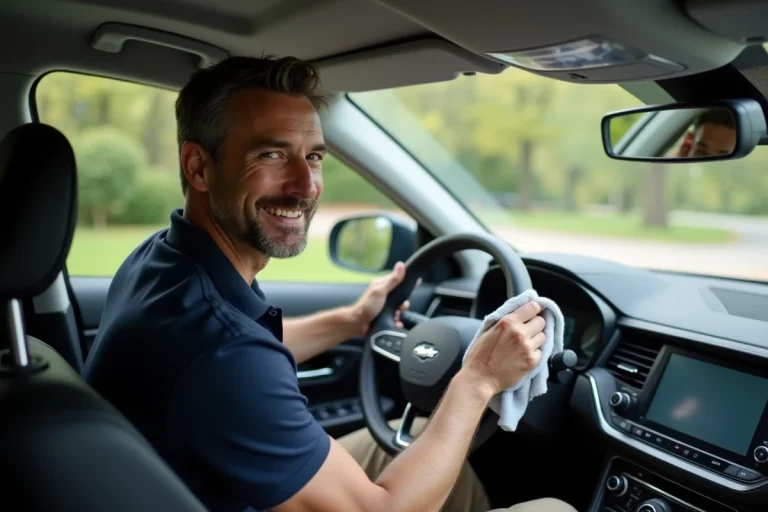 Homme en polo et chinos nettoyant le tableau de bord de sa voiture
