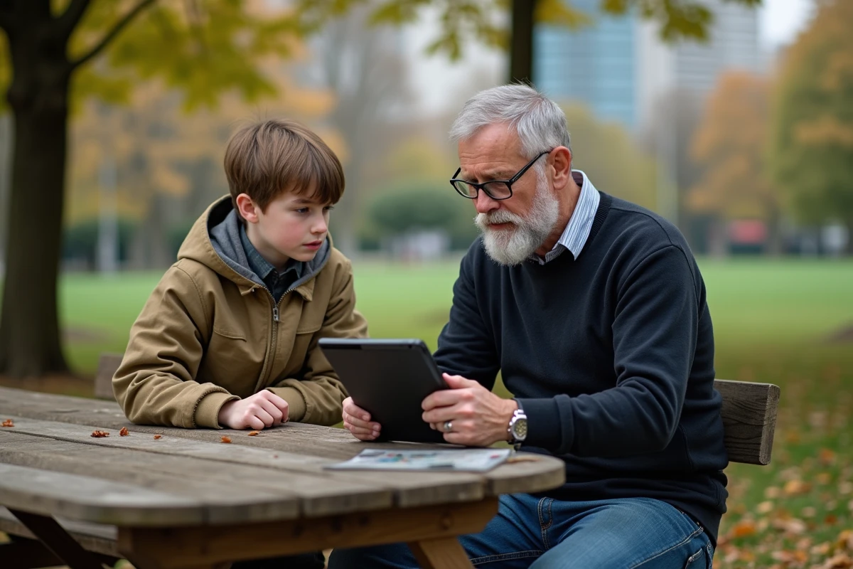 Homme expliquant un diagramme à un adolescent dans un parc
