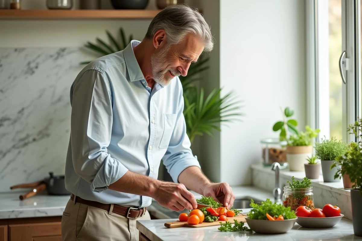 Homme prépare une salade colorée dans une cuisine lumineuse