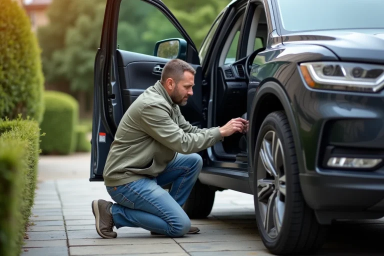 Homme moyenâge en jeans ajuste la pression du pneu SUV