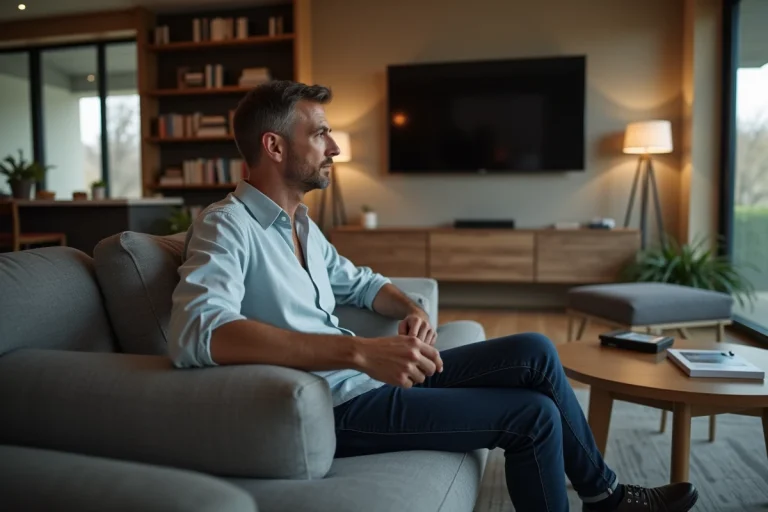 Homme d'âge moyen regardant la télévision dans un salon moderne