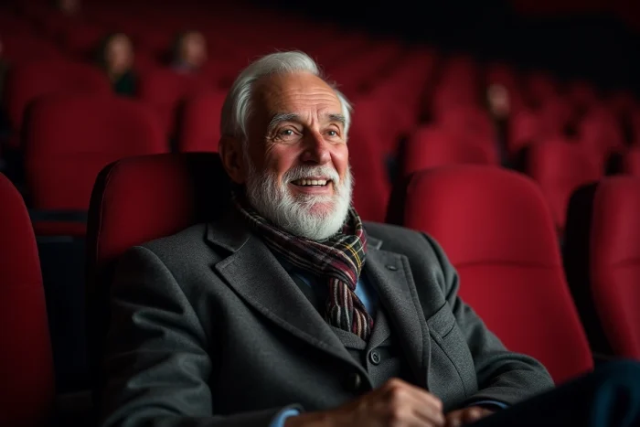 Un homme senior appréciant une séance de cinéma assis dans un fauteuil rouge d'une salle obscure