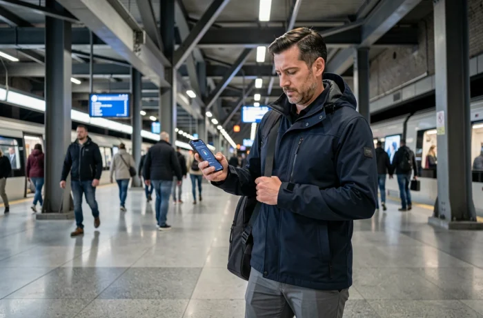 Homme consultant un smartphone pliable dans une station de métro moderne illustrant la technologie urbaine en 2024