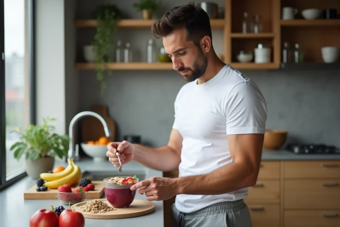 Homme préparant un bol smoothie healthy dans une cuisine moderne pour une routine beauté et forme équilibrée