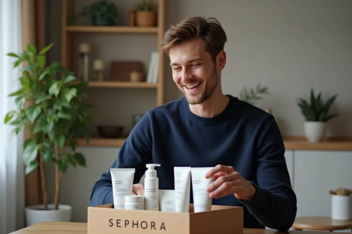 Homme jeune déballant sa commande Sephora à la maison
