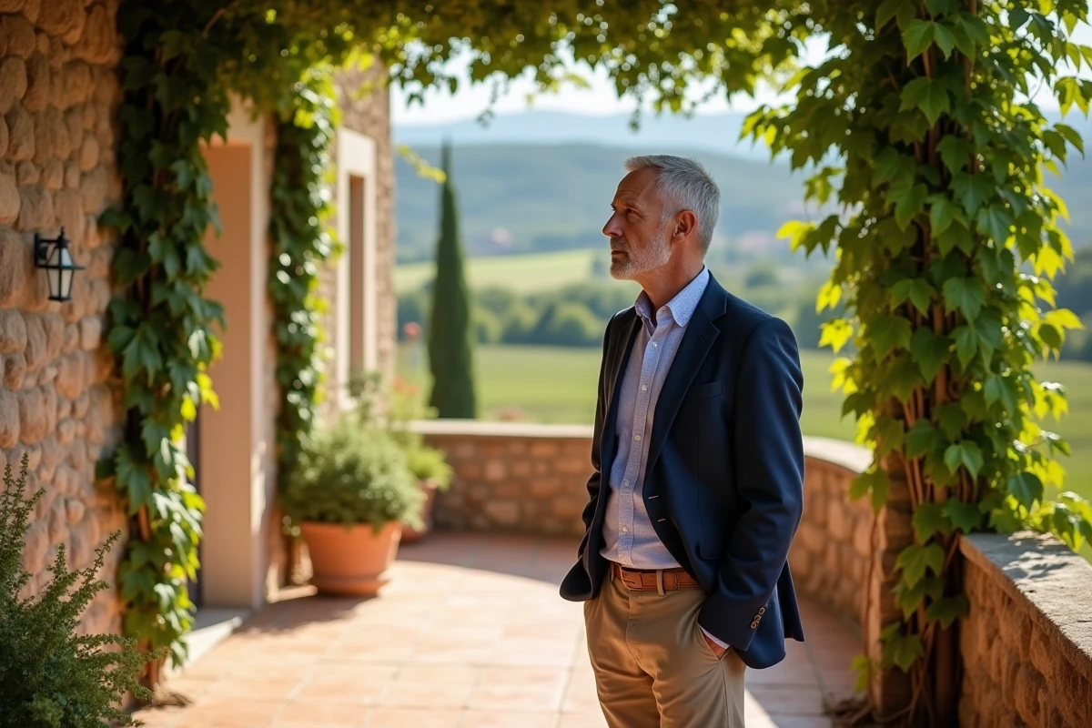 Homme regardant les vignes depuis la terrasse du mas