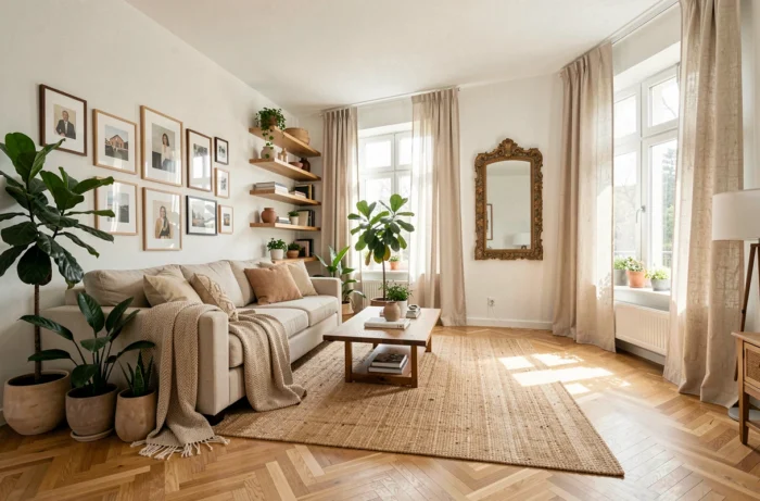 Vue d'ensemble d'un salon bien décoré avec cadres, plantes, textiles et étagères pour illustrer des idées d'aménagement intérieur