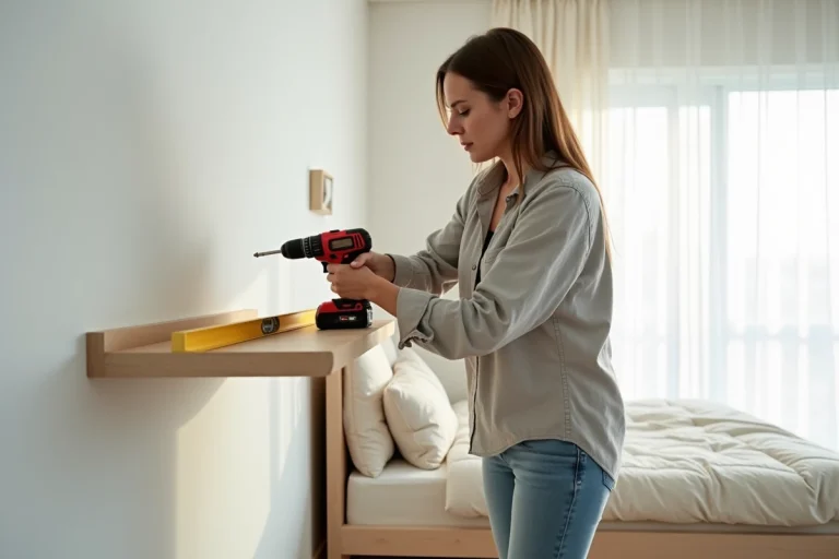 Femme installant une table de chevet murale flottante dans une chambre moderne avec une perceuse sans fil