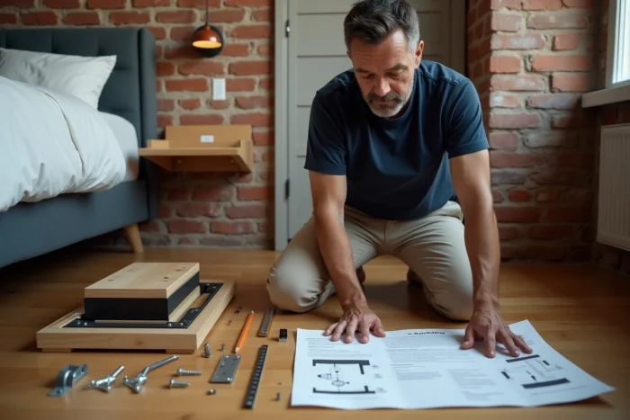 Homme lisant les instructions d'installation d'une table de chevet à accrocher au mur avec les fixations et outils au sol