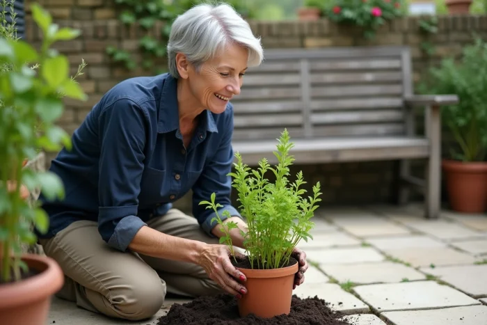 Femme jardinant sur une terrasse résidentielle en rempotant des herbes aromatiques dans des pots en terre cuite