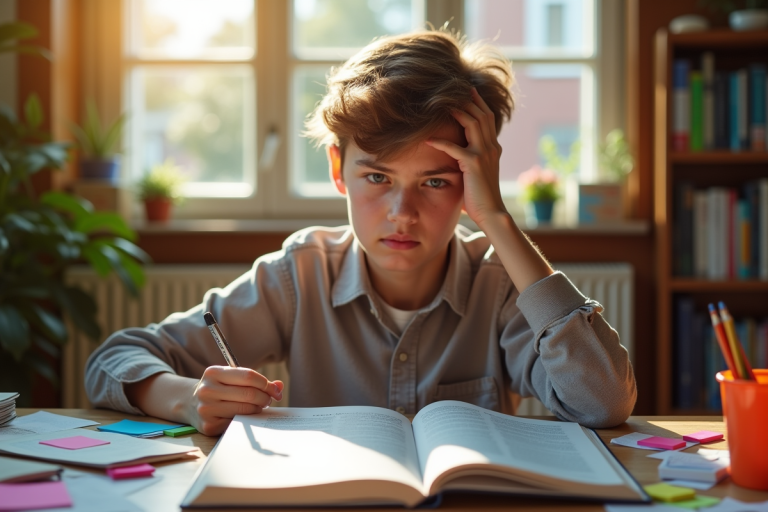 Jeune adulte perplexe devant un livre de grammaire anglaise ouvert