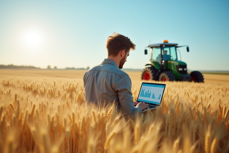 Jeune agriculteur utilisant un ordinateur portable dans un champ de blé en été