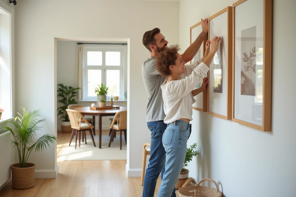 Jeune couple accrochant des œuvres d
