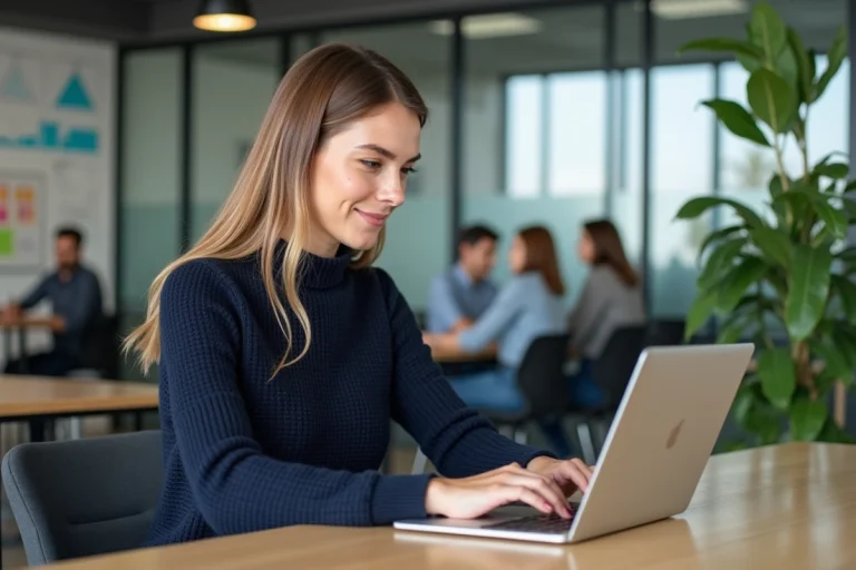 Jeune femme au bureau moderne travaillant sur son ordinateur