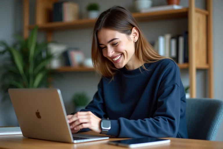Jeune femme en bureau moderne utilisant des appareils tech